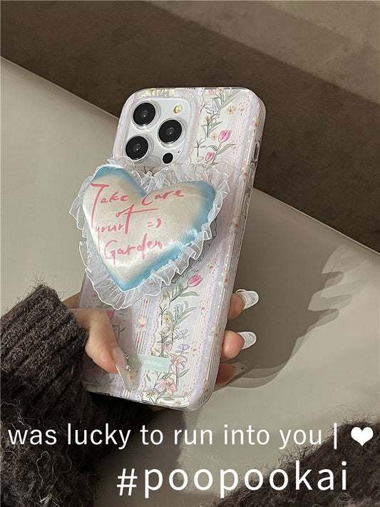 Floral Printed Phone Case With Lace Heart Stand