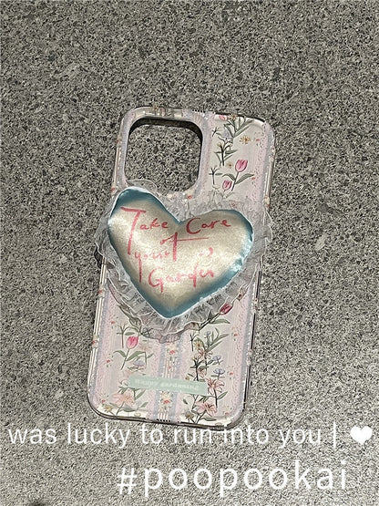 Floral Printed Phone Case With Lace Heart Stand