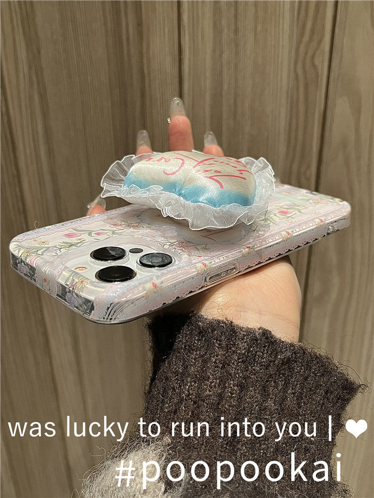 Floral Printed Phone Case With Lace Heart Stand