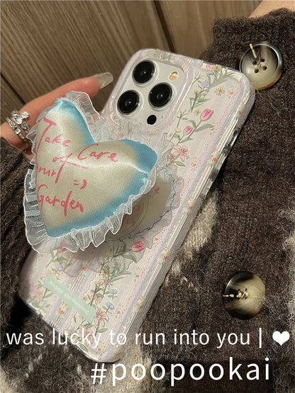 Floral Printed Phone Case With Lace Heart Stand