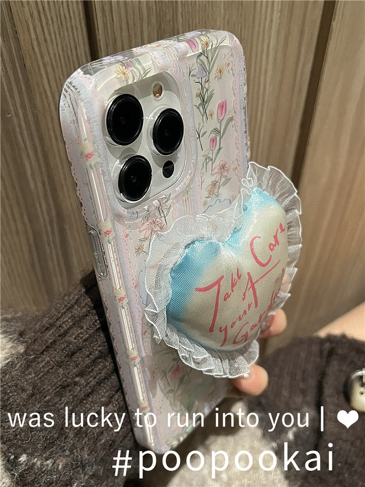 Floral Printed Phone Case With Lace Heart Stand