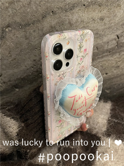 Floral Printed Phone Case With Lace Heart Stand