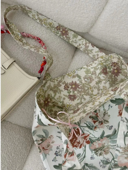 French Floral Print Canvas Doubleface Shoulder Bag