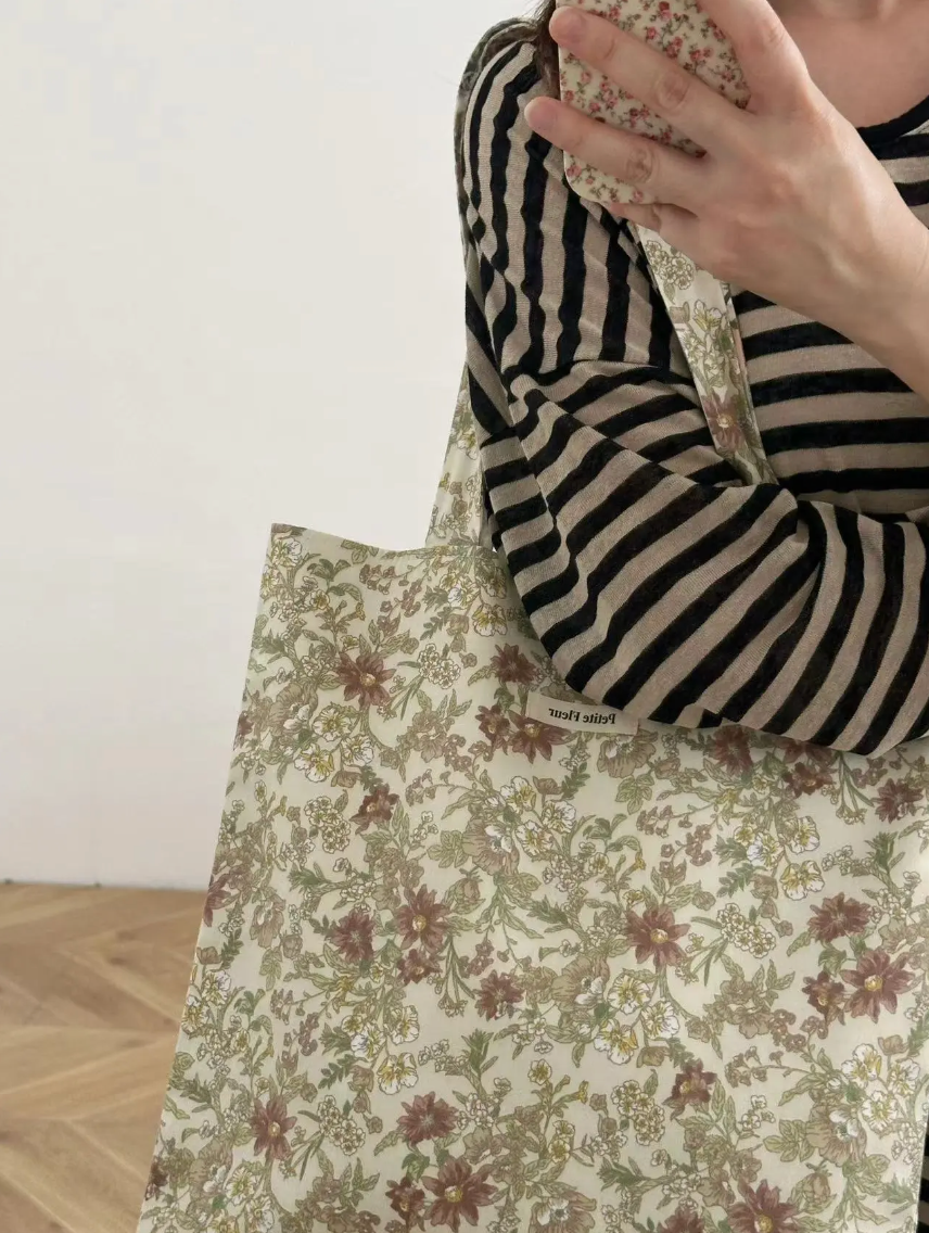 French Floral Print Canvas Doubleface Shoulder Bag