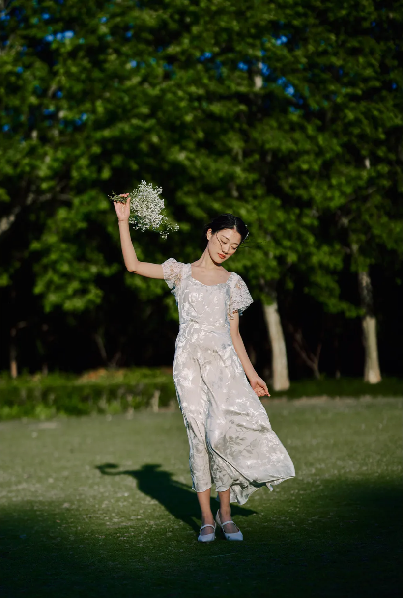 French Rose Flutter Sleeve Lace Maxi Dress