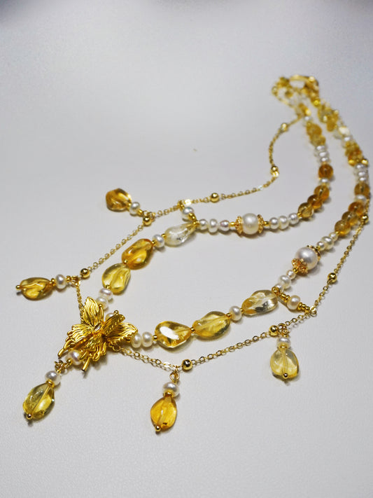 Gold Butterfly Multilayer Pearl Crystal Beaded Necklace