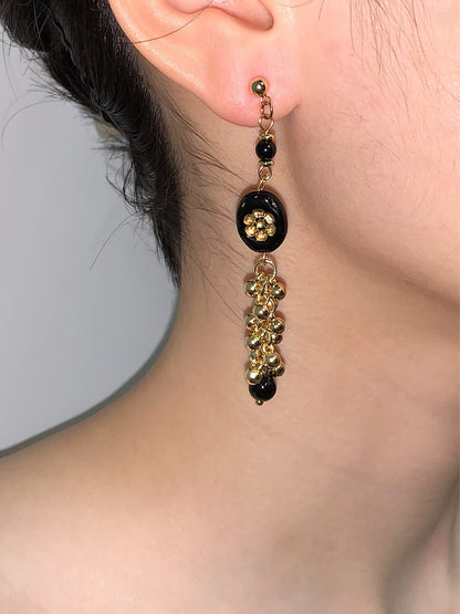 Golden Black Beaded Asymmetry Drop Earrings