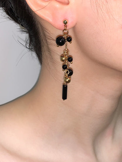 Golden Black Beaded Asymmetry Drop Earrings