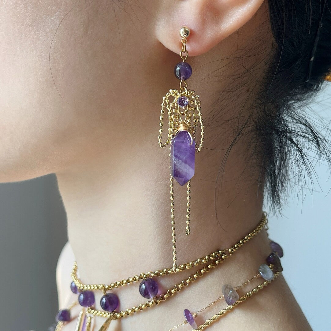 Golden Bow Purple Crystal Tassel Earrings