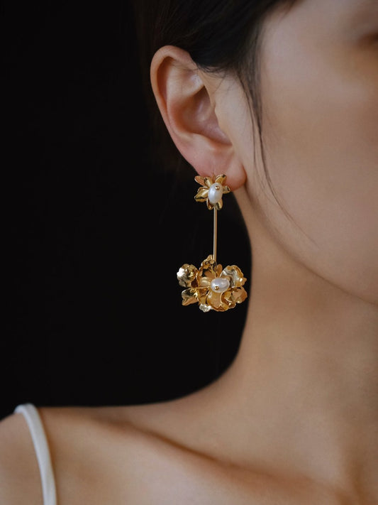 Golden Flower Pearl Drop Earrings