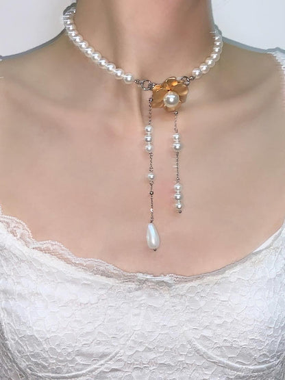 Golden Flower Pearl Tassel Choker