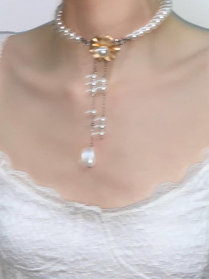 Golden Flower Pearl Tassel Choker