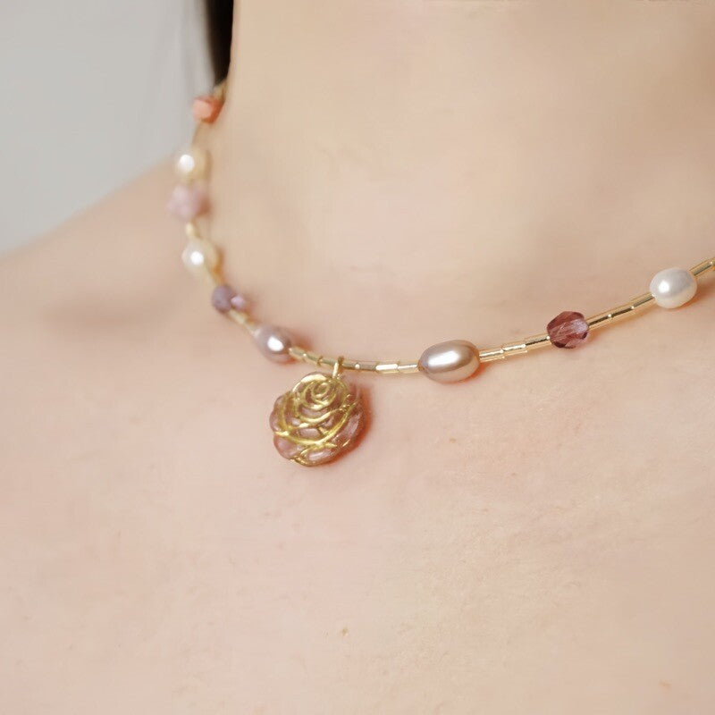 Golden Water Lily Pearl Beaded Necklace