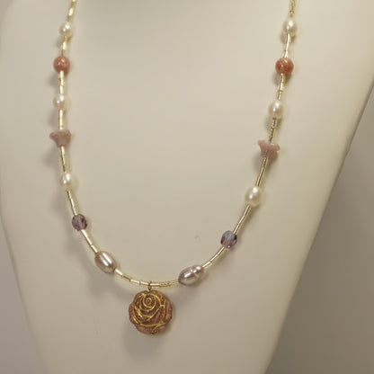 Golden Water Lily Pearl Beaded Necklace