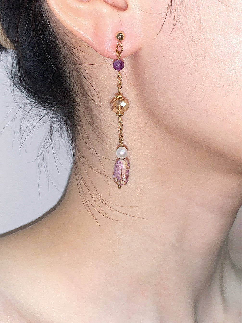 Grape Beaded Asymmetry Drop Earrings