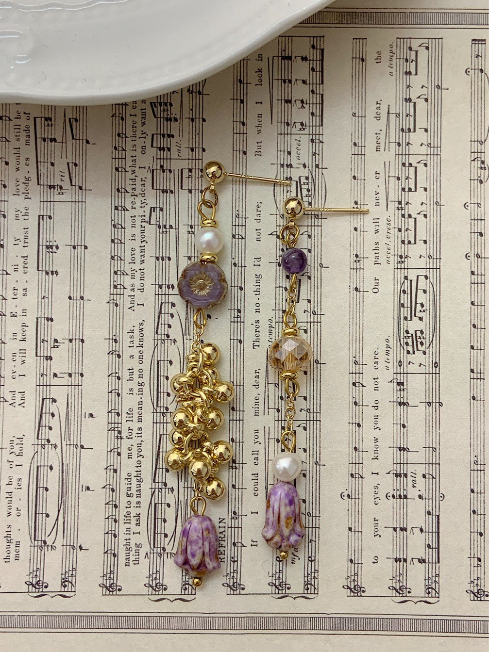 Grape Beaded Asymmetry Drop Earrings