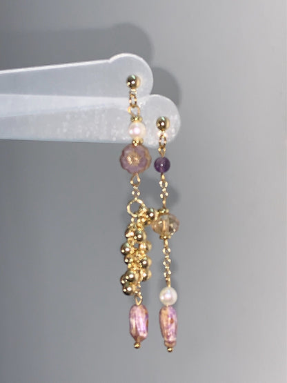 Grape Beaded Asymmetry Drop Earrings