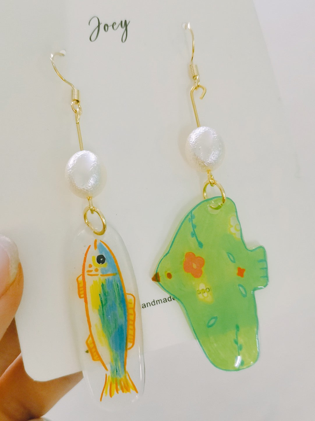 Green Bird And Fish Asymmetric Shrink Plastic Earring