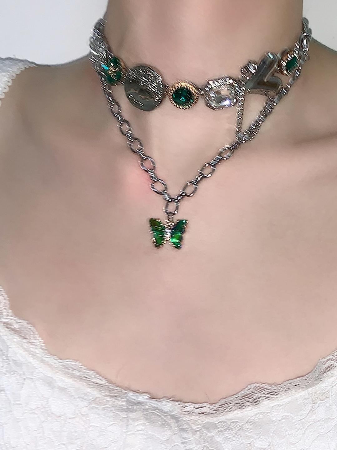 Green Butterfly Layered Tassel Choker