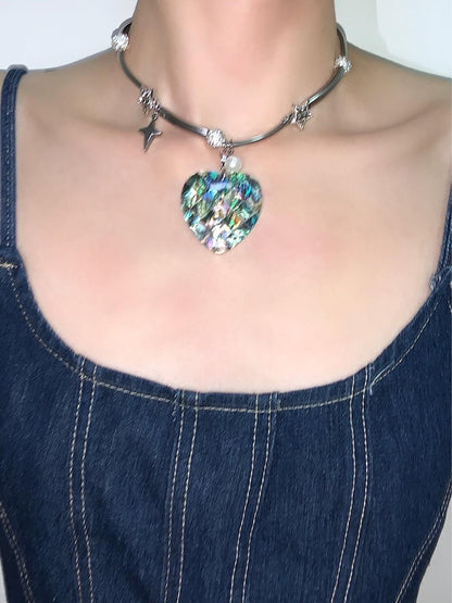 Heart Shape Abalone Shell Pendant Statement Choker