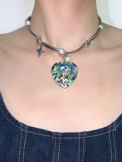 Heart Shape Abalone Shell Pendant Statement Choker