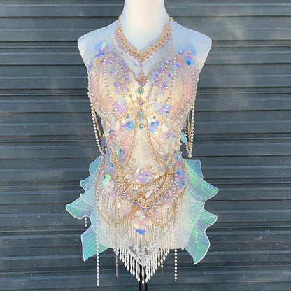 Mermaid Princess Beaded Tassel Irredecent Bodice Set