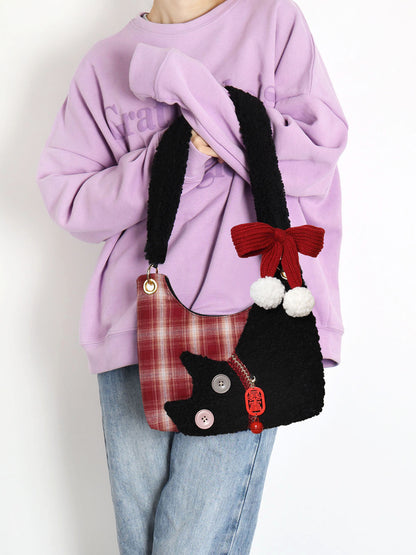 Mini Red Plaid Plush Cat Bow Shoulder Bag