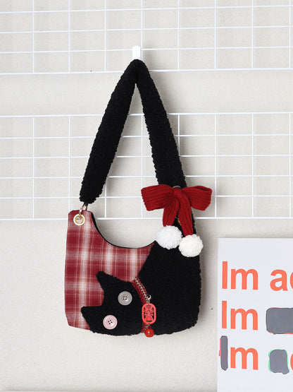 Mini Red Plaid Plush Cat Bow Shoulder Bag