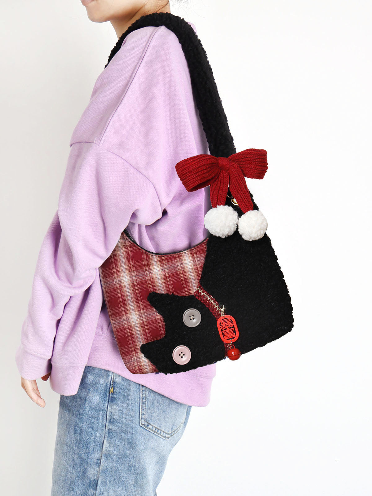 Mini Red Plaid Plush Cat Bow Shoulder Bag