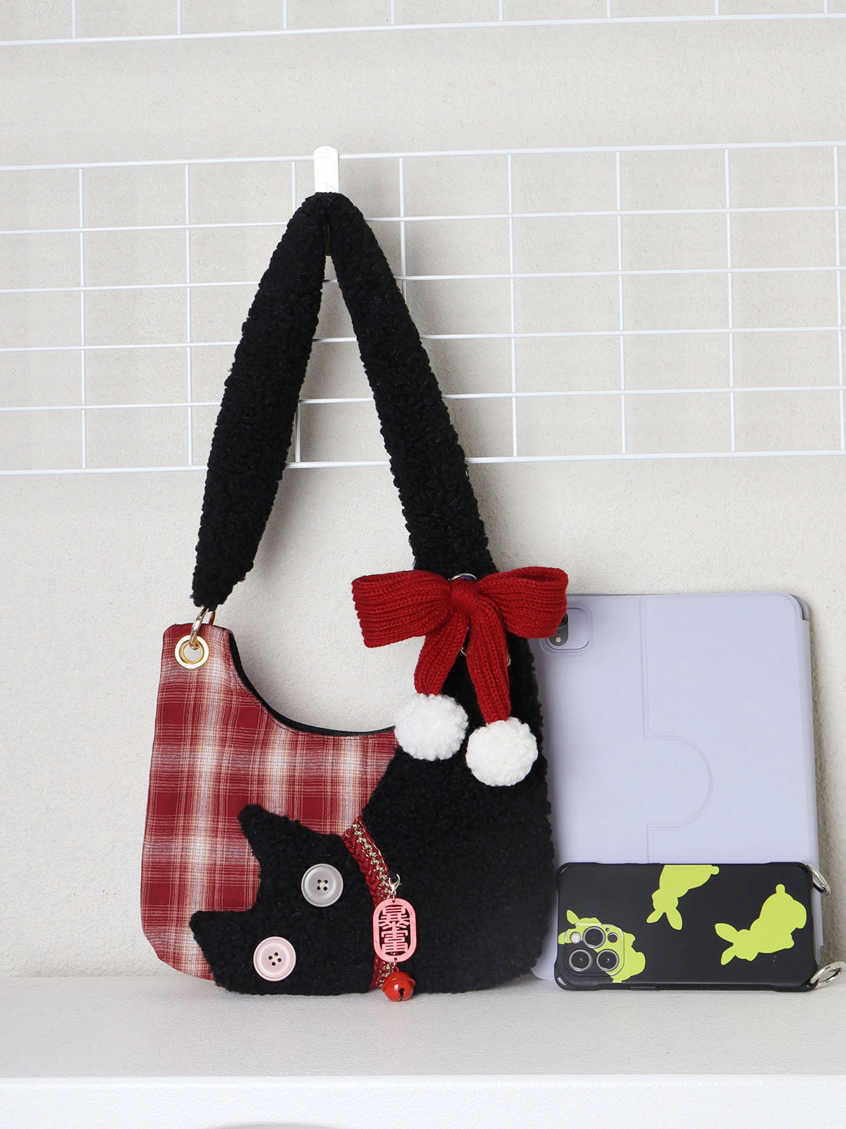 Mini Red Plaid Plush Cat Bow Shoulder Bag