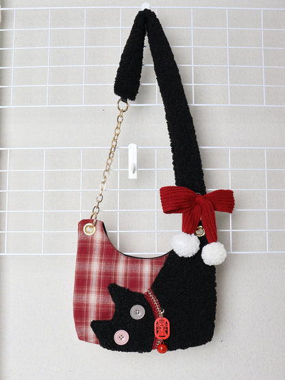 Mini Red Plaid Plush Cat Bow Shoulder Bag