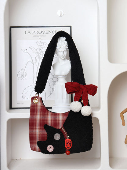 Mini Red Plaid Plush Cat Bow Shoulder Bag