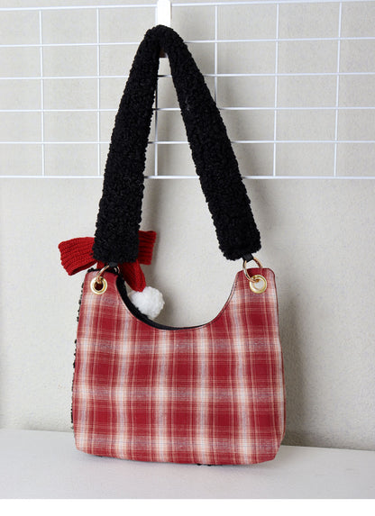 Mini Red Plaid Plush Cat Bow Shoulder Bag