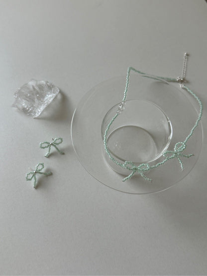 Mint Bow Beaded Necklace