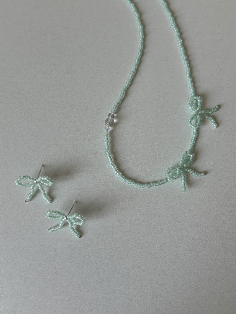 Mint Bow Beaded Necklace