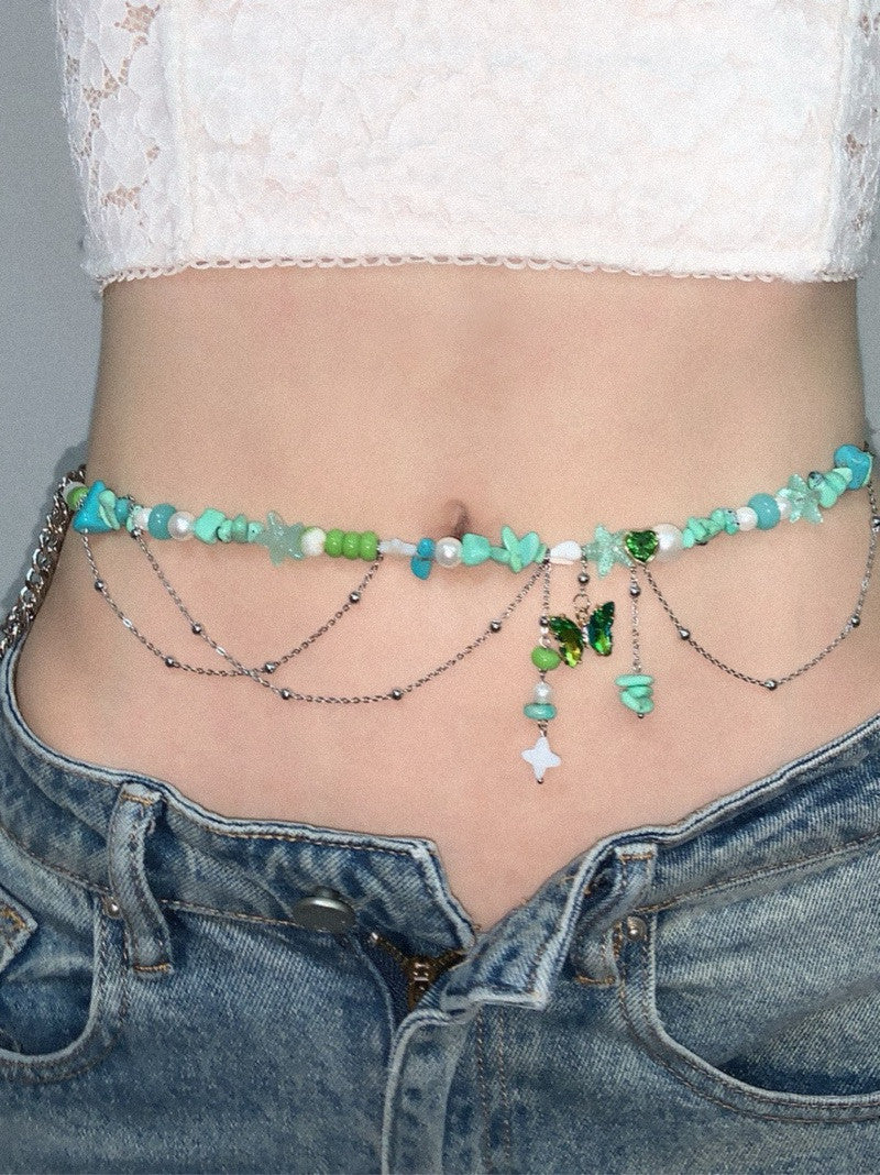 Mint Butterfly Pendant Tassel Layered Necklace Waist Chain