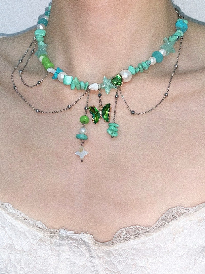 Mint Butterfly Pendant Tassel Layered Necklace Waist Chain