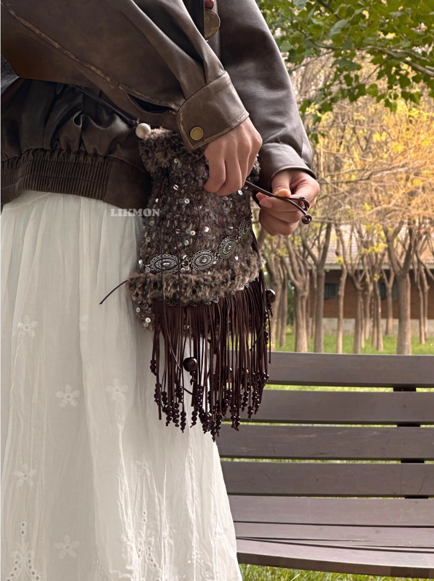 Mocha Crochet Tassel Crossbody Bag