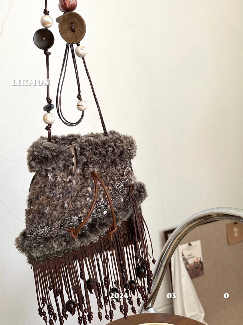 Mocha Crochet Tassel Crossbody Bag