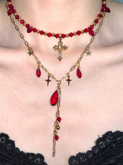 Monica Red Gold Cross Layered Choker Necklace