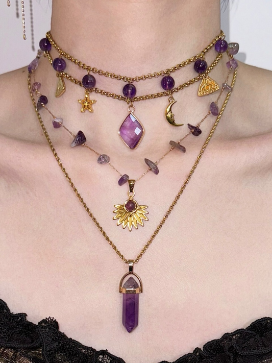 Mystic Purple Crystal Sun Moon Layered Necklace