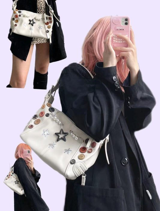 Retro Button Star Pin Shoulder Bag