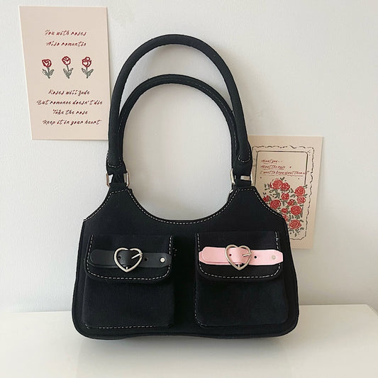 Y2k Pink Black Leather Buckle Denim Shoulder Bag