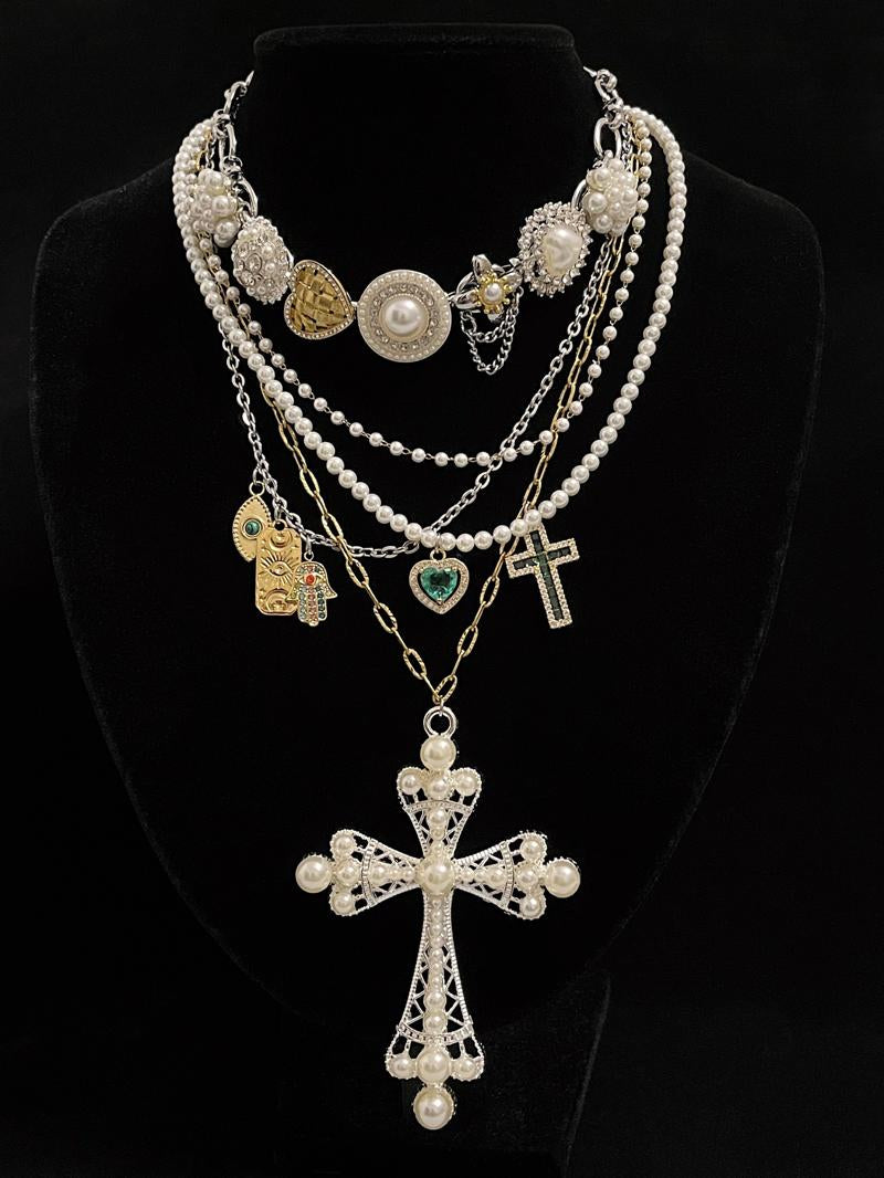 Pearl Cross Pendant Layered Choker Necklace