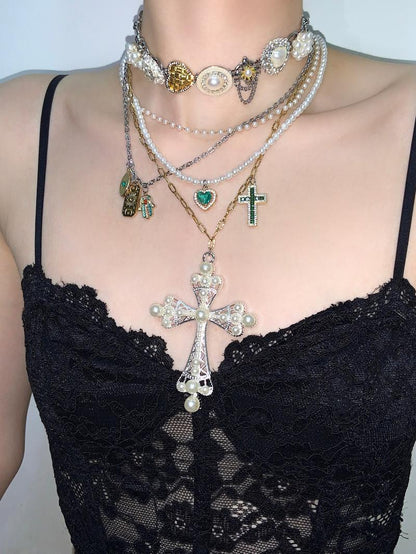 Pearl Cross Pendant Layered Choker Necklace