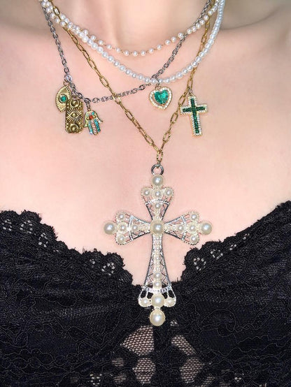 Pearl Cross Pendant Layered Choker Necklace