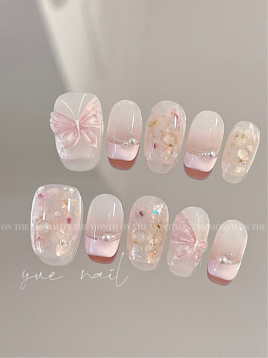 Pink Butterfly Dried Flower Coquette Press On Nails Set