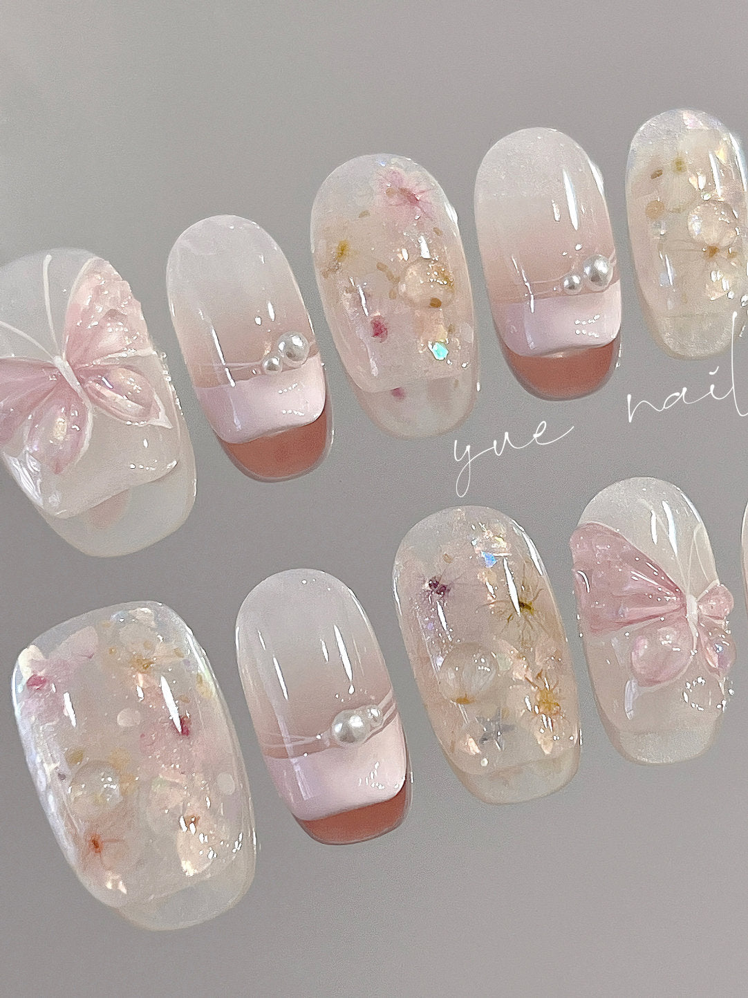 Pink Butterfly Dried Flower Coquette Press On Nails Set