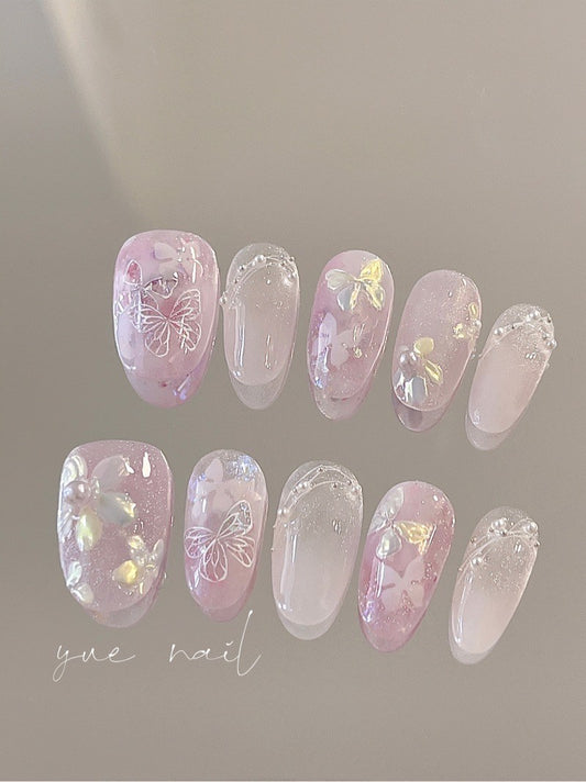 Pink Butterfly Flower Press On Nails Set