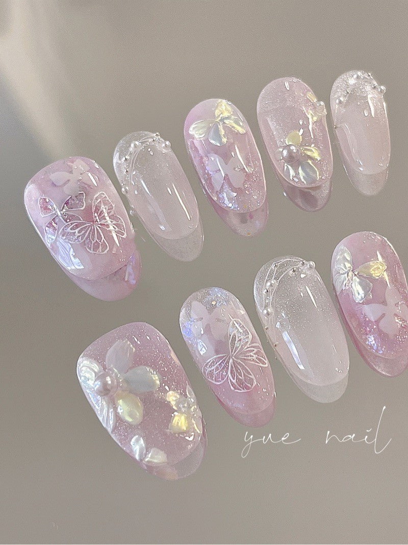 Pink Butterfly Flower Press On Nails Set